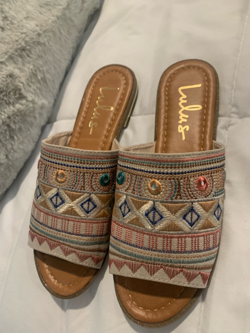Lulu's Neutral Embroidered Slide Mules with Multicolor Beads
